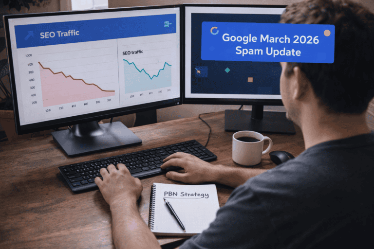 SEO professional reviewing PBN strategy and traffic data to choose the best PBN provider after Google's March 2026 spam update
