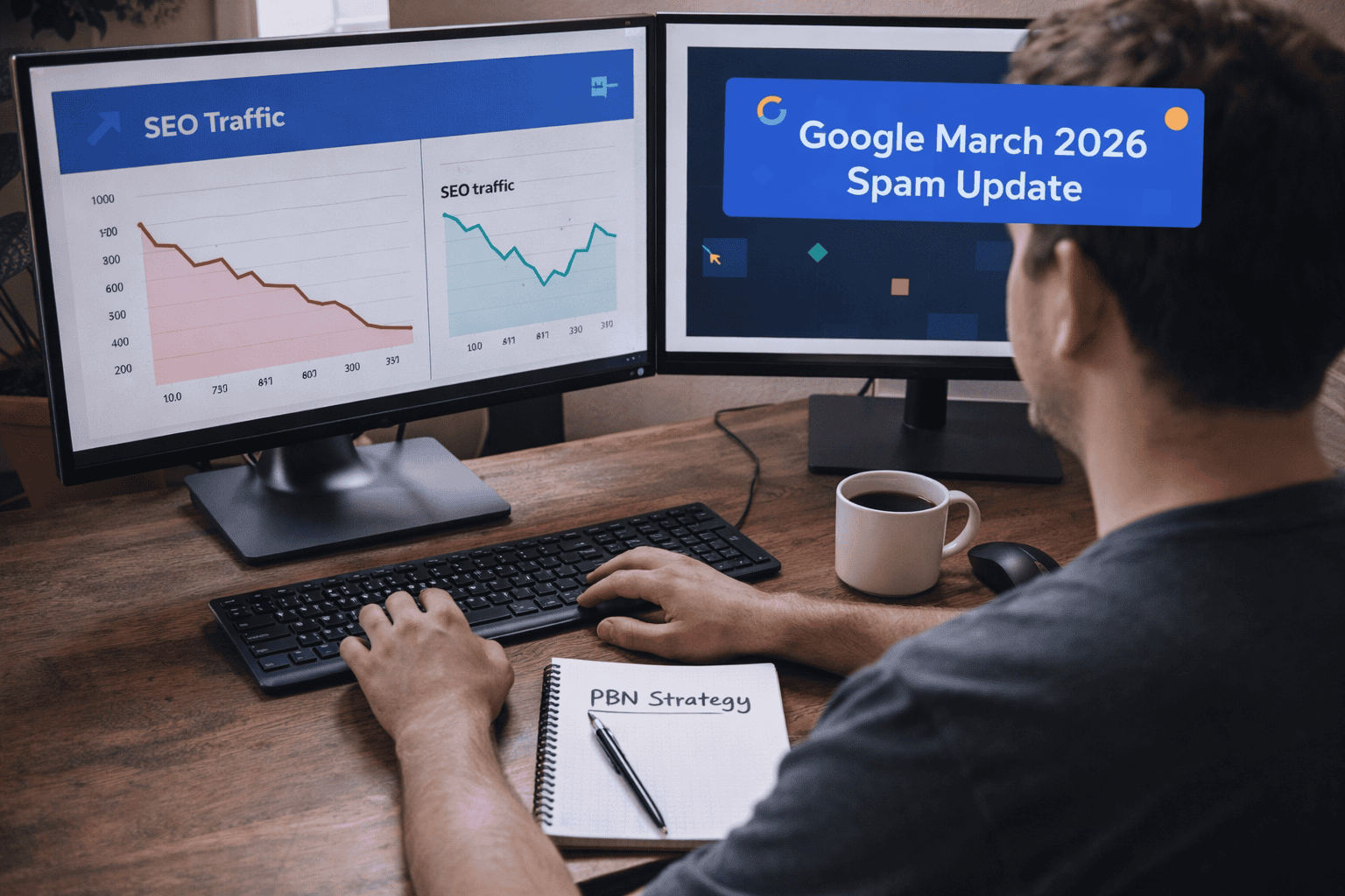 Home 19 SEO professional reviewing PBN strategy and traffic data to choose the best PBN provider after Google's March 2026 spam update