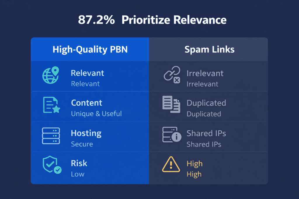 Infographic comparing high-quality PBN vs spam links to help identify the best PBN provider by relevance, content, and hosting